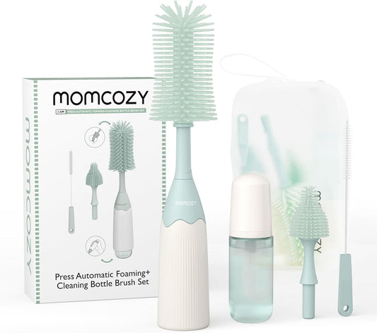Momcozy Conjunto inovador de escovas para mamadeiras, design de espuma para facilitar a limpeza, 2 cabeças de escova de reposição para uma limpeza completa e melhor das mamadeiras, kit de limpeza de mamadeiras com escova de canudo