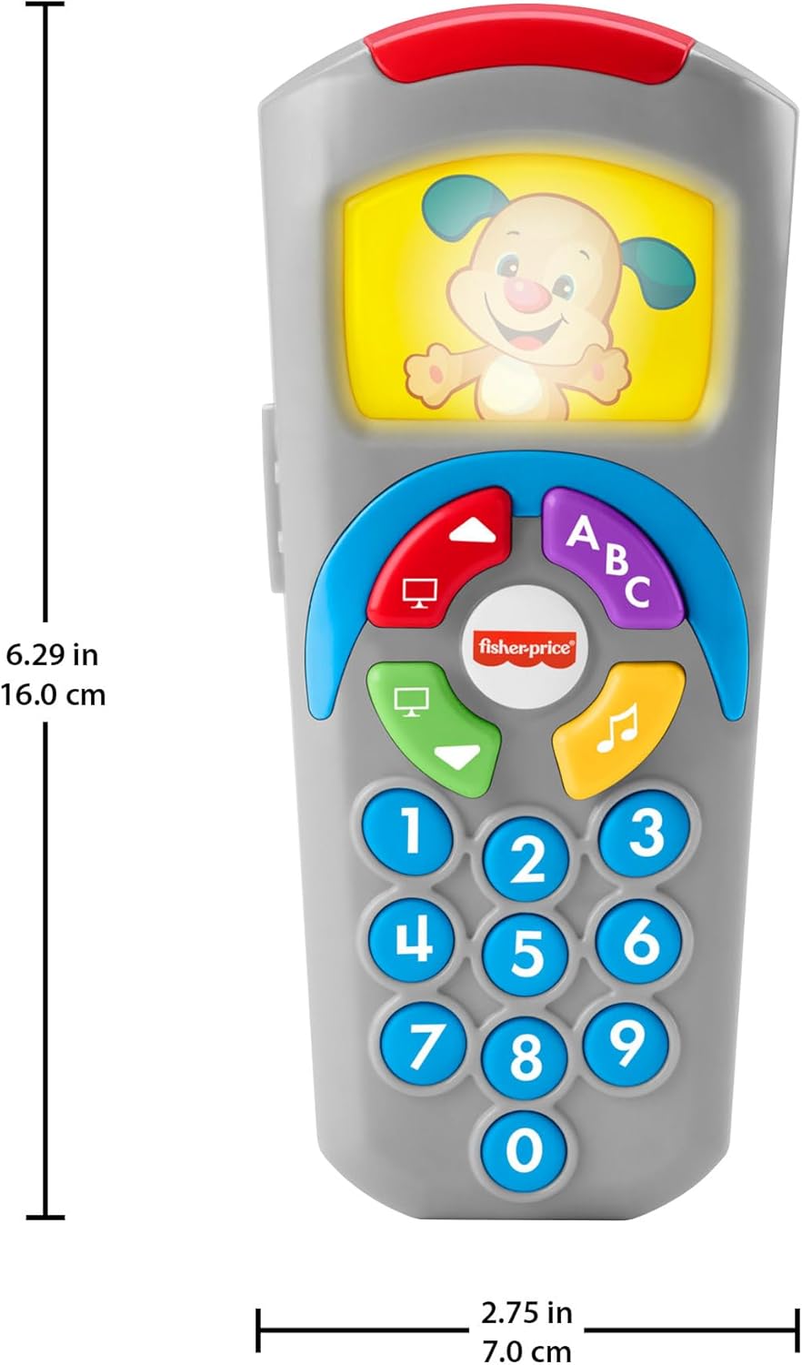 Controle remoto Fisher-Price Laugh and Learn, tela iluminada, versão em inglês do Reino Unido, botões e mais de 35 músicas, melodias e frases para cantar junto. Brinquedo educativo para bebês, desenvolvimento infantil. Versão em inglês DLD30