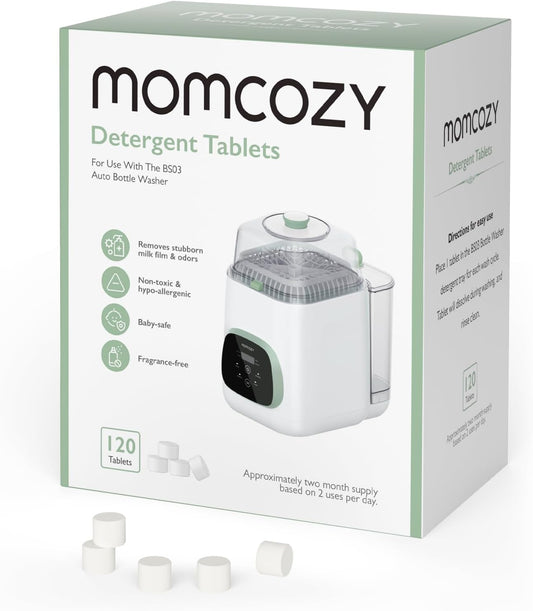 Momcozy Bloco de Lavagem Oficial para Lavadora de Mamadeiras KleanPal Pro, 120 Pastilhas de Detergente para Limpeza de Mamadeiras, Peças de Bombas de Leite Materno e Acessórios de Alimentação. Não Precisa Enxaguar,