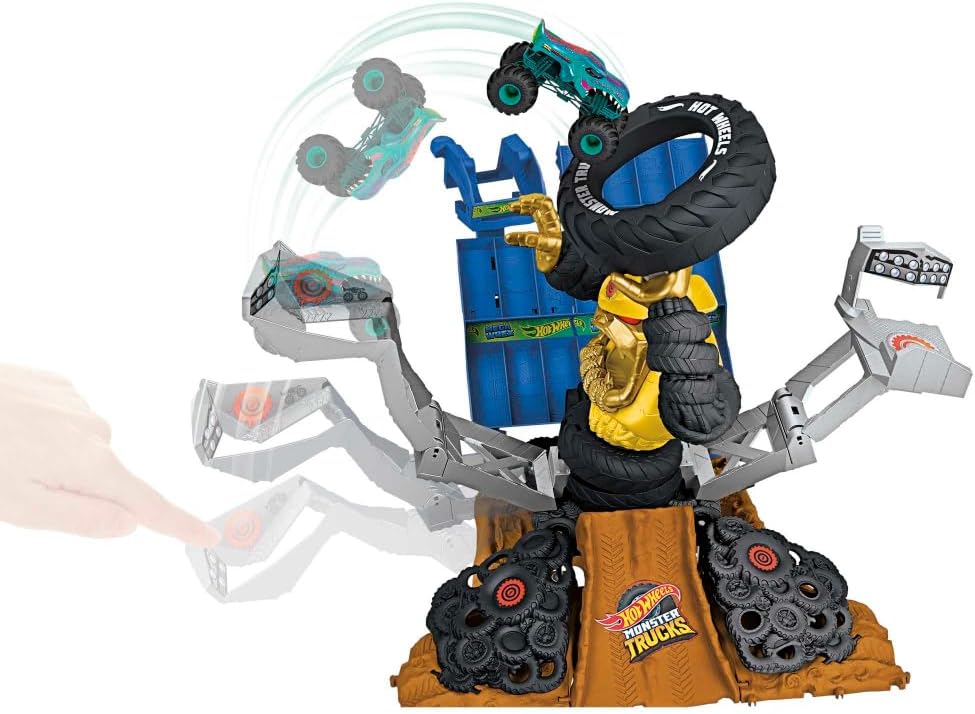 Hot Wheels Monster Trucks Arena Smashers Mega-Wrex vs. Crushzilla Takedown com caminhão de brinquedo Mega-Wrex em escala 1:64 e 2 carros esmagáveis, HPR47