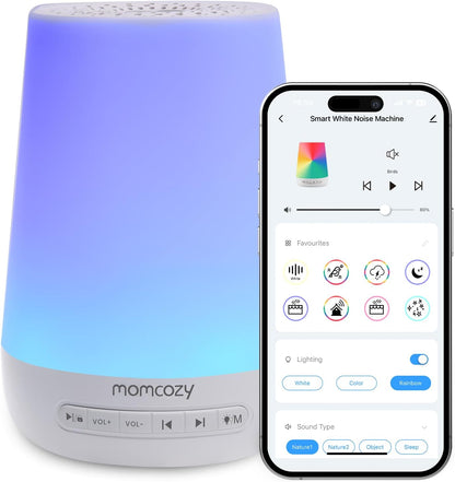 Momcozy Máquina de sons para bebês, com ruído branco para bebês dormirem, luz noturna, treinador de sono infantil com 34 sons relaxantes, temporizador, controle remoto por aplicativo e rotina de sono personalizada (branca).