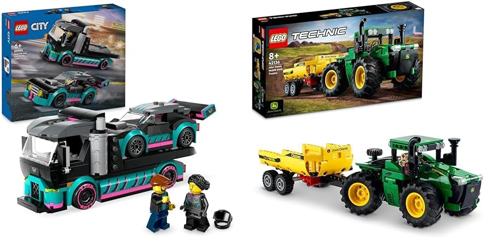 LEGO Conjunto de construção de brinquedo, veículo e transportador para carro de corrida urbano e caminhão transportador de carro para meninos e meninas de 6 anos ou mais com rampa de carregamento ajustável, minifiguras de piloto e motorista, presente