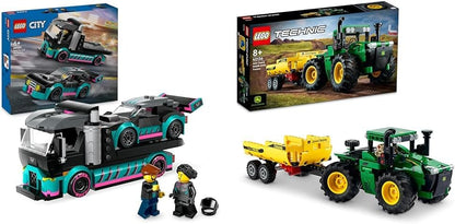 LEGO Conjunto de construção de brinquedo, veículo e transportador para carro de corrida urbano e caminhão transportador de carro para meninos e meninas de 6 anos ou mais com rampa de carregamento ajustável, minifiguras de piloto e motorista, presente