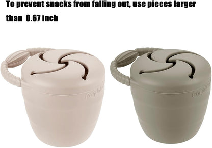 PandaEar Conjunto de 2 Potes para Lanches Infantis , Potes de Silicone Dobráveis para Bebês, Recipiente Antivazamento para Lanches, Coletor de Alimentos, Bege Claro/Nogueira