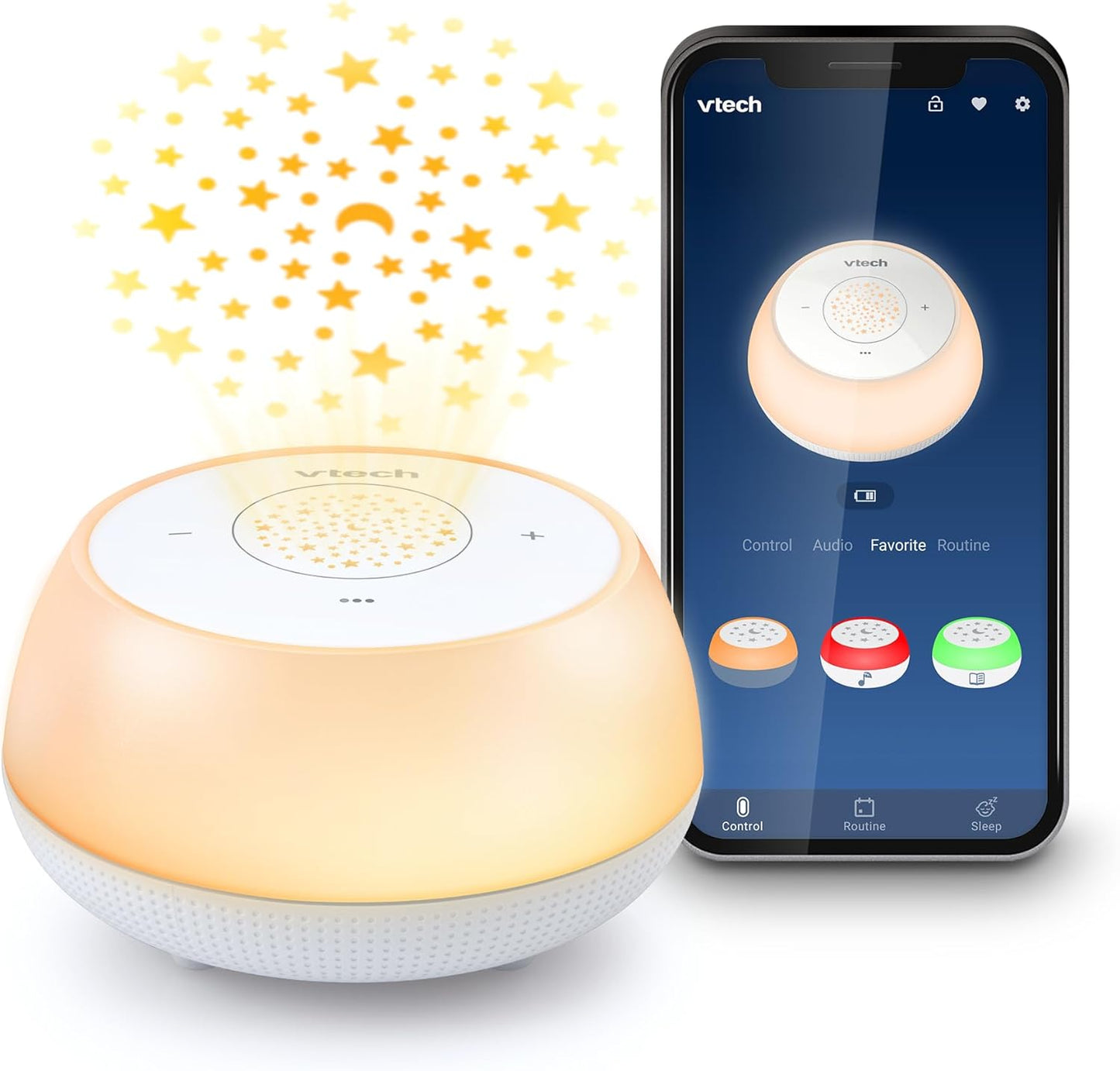 VTech BC8213 V-Hush Junior Treinamento de Sono com 40 histórias/músicas/sons e grave sua própria voz. Alto-falante portátil Bluetooth HD, luz noturna multicolorida de 250+, projetor de teto