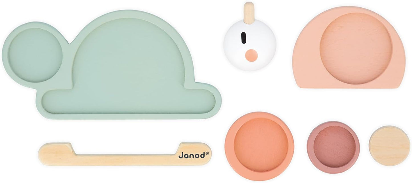 Janod Caracol sensorial empilhável Sweet Cocoon, 6 peças empilháveis de madeira FSC, 4 blocos sensoriais, jogo de aprendizagem precoce, 12 meses +, verde/rosa