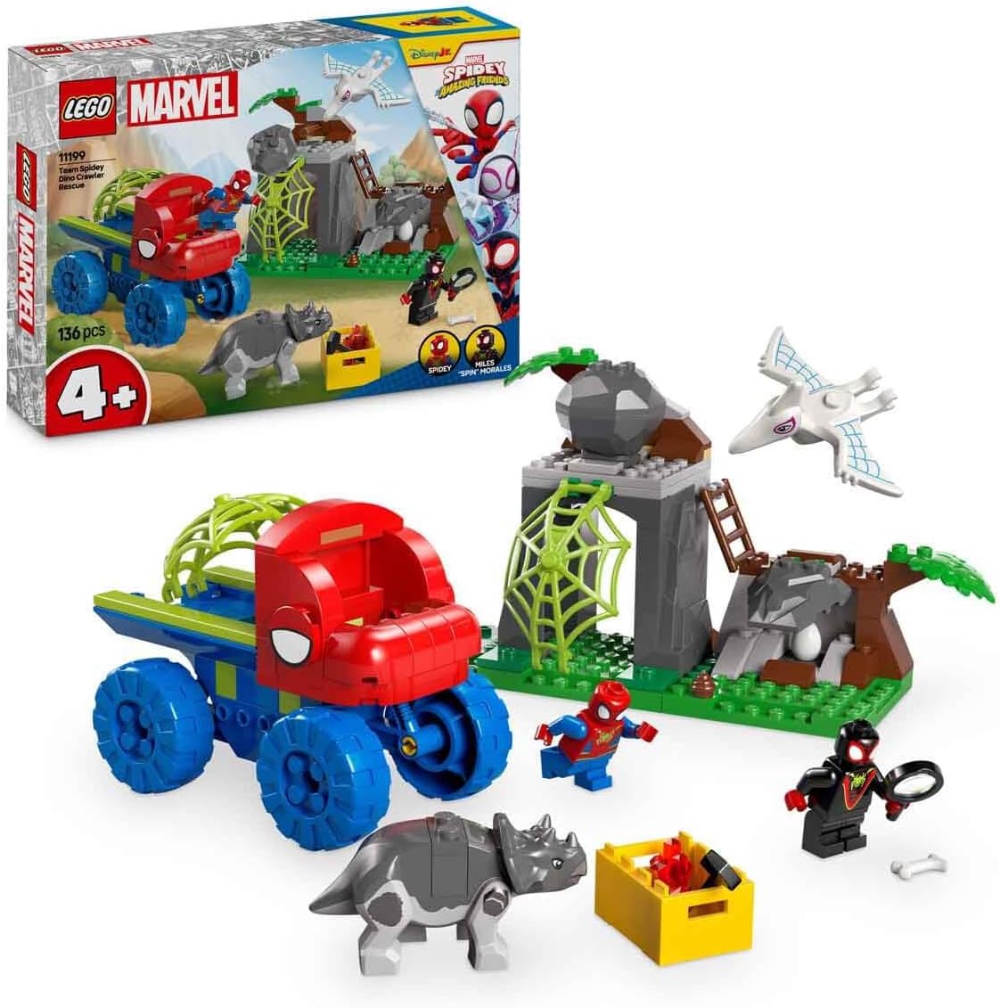 LEGO Marvel Team Spidey Dino Crawler Rescue Truck, conjunto de brinquedo e dinossauro para veículo de super-herói montável, presente para meninos, meninas e fãs de 4 anos ou mais do show do Aranha e seus incríveis amigos