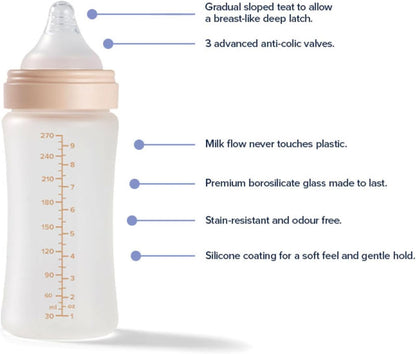 Nuby Kit com 2 Mamadeiras de Vidro Anticólicas RapidBottle - Mamadeira Rápida com Revestimento de Silicone e Bico Semelhante ao Seio Materno | Alimentação Rápida | Sem Microplásticos | Esterilização Rápida | 266ml (Bege)