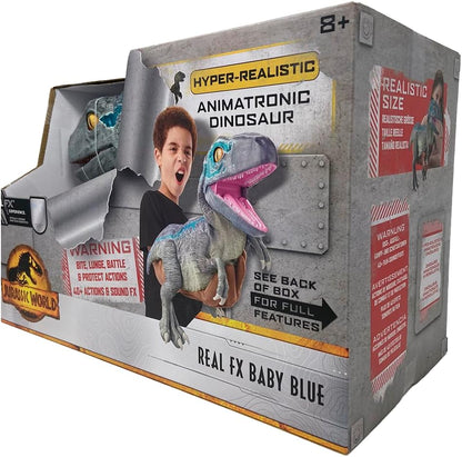 UAU! COISAS - Brinquedo de dinossauro azul bebê Jurassic World REAL FX, dinossauro animatrônico hiper-realista, movimentos realistas e sons de filmes reais, brinquedos oficiais Jurassic World Dominion, idade 8+