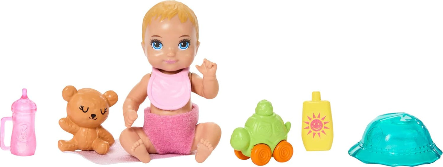 Barbie Conjunto Skipper Babysitters Inc. com boneca morena, boneca bebê loira, carrinho de bebê com cadeirinha removível e 7 acessórios, JJB42