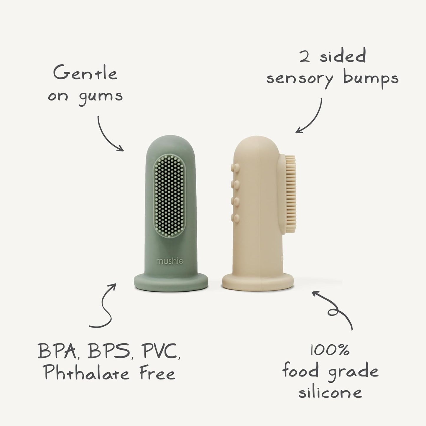 Mushie Escovas de dente de dedo Baby | Conjunto com 2 escovas de dente de silicone para bebês | Primeira escova de dente para bebês, acalma gengivas irritadas | Material: Silicone de qualidade alimentar (rosa/areia movediça)