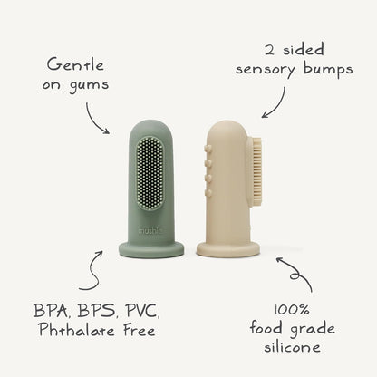 Mushie Escovas de dente de dedo Baby | Conjunto com 2 escovas de dente de silicone para bebês | Primeira escova de dente para bebês, acalma gengivas irritadas | Material: Silicone de qualidade alimentar (Stone/Tradewinds)