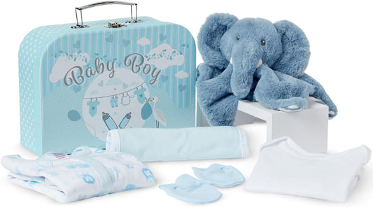 Baby Box Shop - Conjunto de presente para recém-nascidos - Cesta premium com chocalho para cachorro, porta-retratos, tecido de musselina, chá de bebê para recém-nascidos