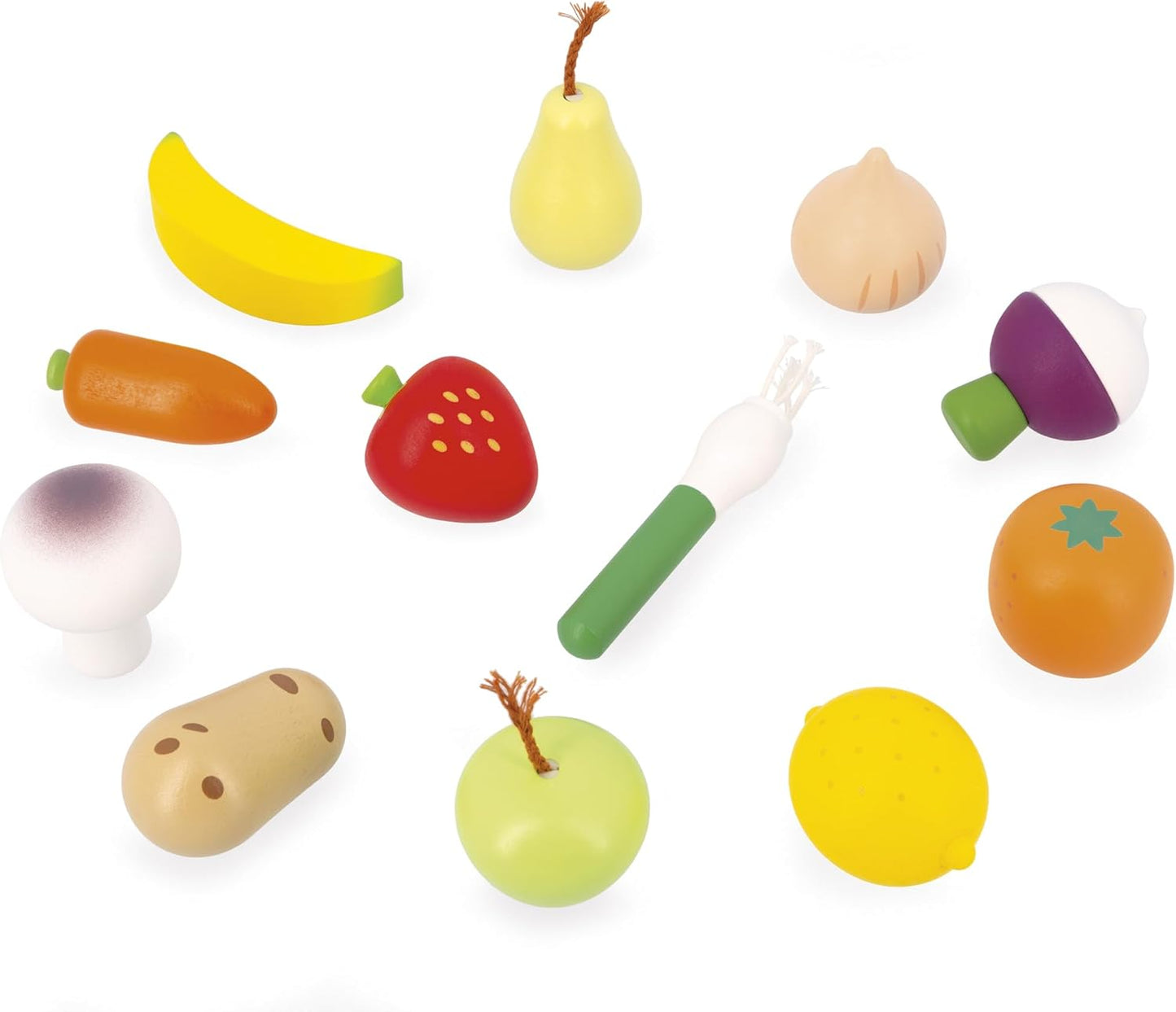 Janod - Conjunto de 12 frutas e vegetais - Bolsa de lona - Cesta de compras de brinquedo - Complemento ideal para cozinha de brinquedo e conjunto de chá - A partir de 3 anos, J06639