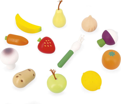Janod - Conjunto de 12 frutas e vegetais - Bolsa de lona - Cesta de compras de brinquedo - Complemento ideal para cozinha de brinquedo e conjunto de chá - A partir de 3 anos, J06639