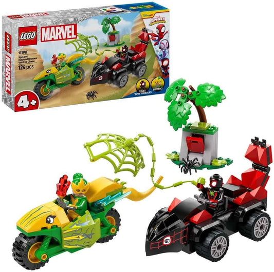 LEGO Conjunto Marvel Spin e Electro Dinosaur Vehicle Chase, brinquedo de construção criativo com um carro de super-herói, presente para meninos, meninas e fãs de 4 anos ou mais do show do Aranha e seus incríveis amigos