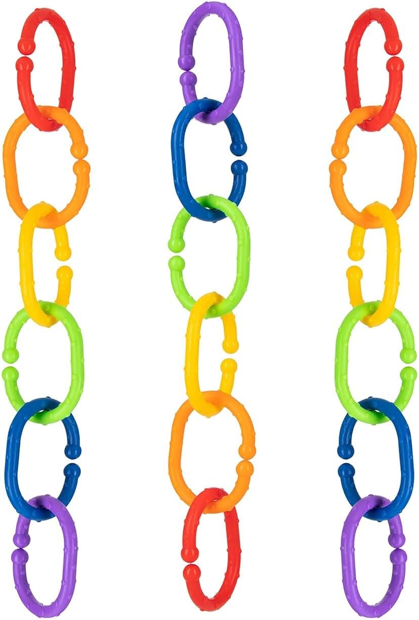 Nuby Linkables - Acessórios multicoloridos para assento de carro e carrinho de bebê - Versátil | Fácil de limpar | Desenvolvimento sensorial (pacote com 18)