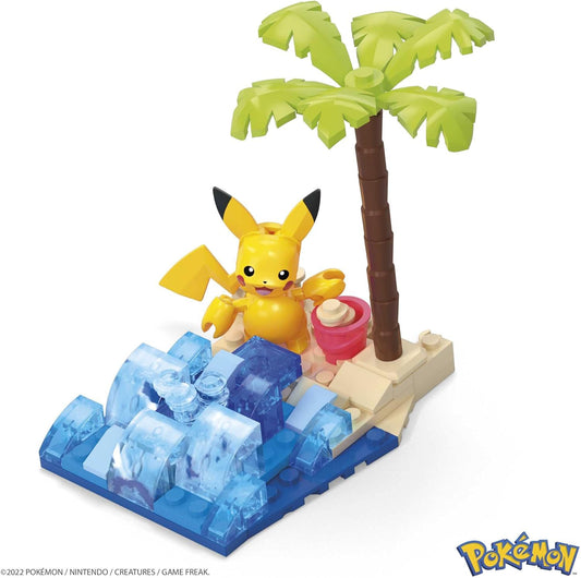 MEGA Conjunto de construção Beach Splash do Pokémon Pikachu com 79 peças e peças compatíveis que se conectam com outros mundos, conjunto de brinquedos para presente para maiores de 7 anos, HDL76