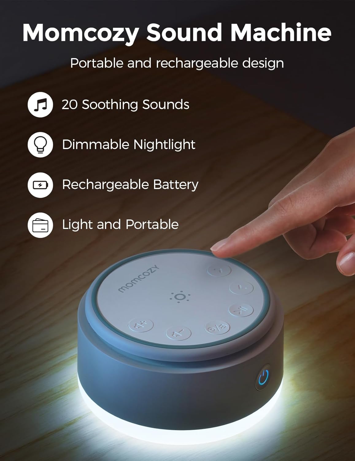 Momcozy Máquina de som para bebê, 20 sons suaves e luz de toque, máquina portátil de ruído branco com temporizador para dormir e memória, companheira de viagem ideal e item essencial para o berçário, para passeios