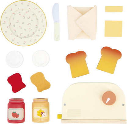 Janod - Torradeira de Madeira para Crianças - Jogo de Café da Manhã de Imitação - 10 Acessórios Inclusos - Com Torrada Saltitante - Desenvolve a Imaginação - A partir de 3 anos - J06636