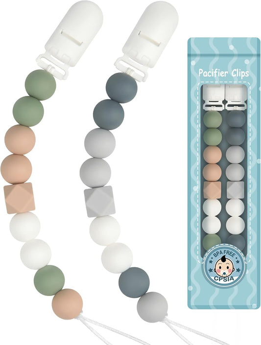 Kowlone prendedores de chupeta para meninos e meninas, suporte de corrente para chupeta para bebês unissex, manequins recém-nascidos (cinza, verde)