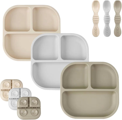 PandaEar Conjunto de 3 Pratos com Ventosa para Bebês, com Colheres, Pratos de Silicone para Crianças, Prato Dividido Inquebrável com Ventosa, Antiderrapante, Atóxico e Livre de BPA (Marrom Acinzentado Cremoso)