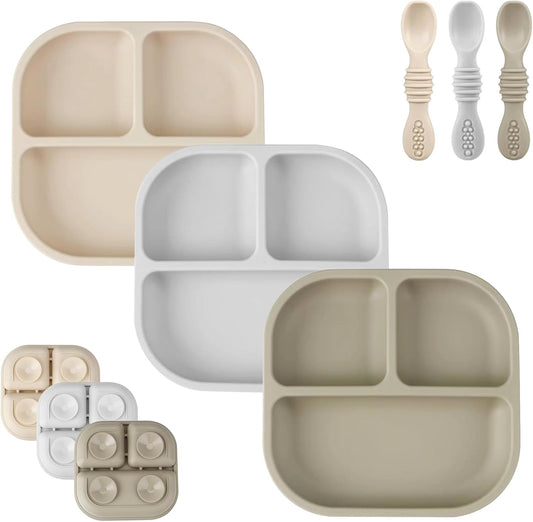 PandaEar Conjunto de 3 Pratos com Ventosa para Bebês, com Colheres, Pratos de Silicone para Crianças, Prato Dividido Inquebrável com Ventosa, Antiderrapante, Atóxico e Livre de BPA (Marrom Acinzentado Cremoso)