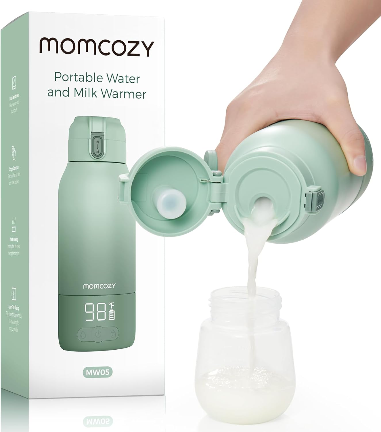 Momcozy Aquecedor de Leite Portátil  para Viagem – Modos Duplos de Aquecimento para Leite Materno e Água, Aquecedor de Mamadeira Portátil com Aquecimento Rápido, Bateria de Longa Duração, Capacidade de 500 ml e Recarga USB-C para Casa, Carro e Passeios