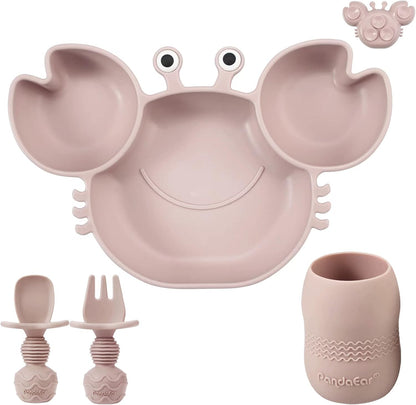 PandaEar Prato de silicone com ventosa + copo de transição + colher e garfo para alimentação infantil, prato dividido com ventosa para bebês e crianças pequenas, conjunto de itens para alimentação infantil, cor rosa caranguejo