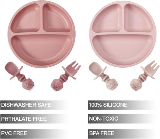 PandaEar Conjunto de 2 Pratos de Silicone com Ventosa para Bebês, Incluindo 2 Colheres e 2 Garfos para Introdução Alimentar, Pratos Divididos para Bebês e Crianças, Livre de BPA, Rosa