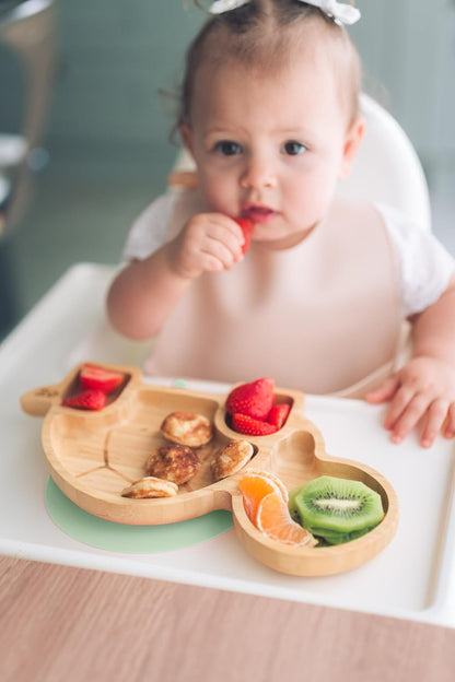 Juego de cuchara y plato de succión de bambú Moon and Moo Turtle para niños, niños pequeños y destete del bebé - No tóxico - Sin plástico - Permanece en su lugar - Plato de succión para bebé - Juego de destete para bebé (gris)