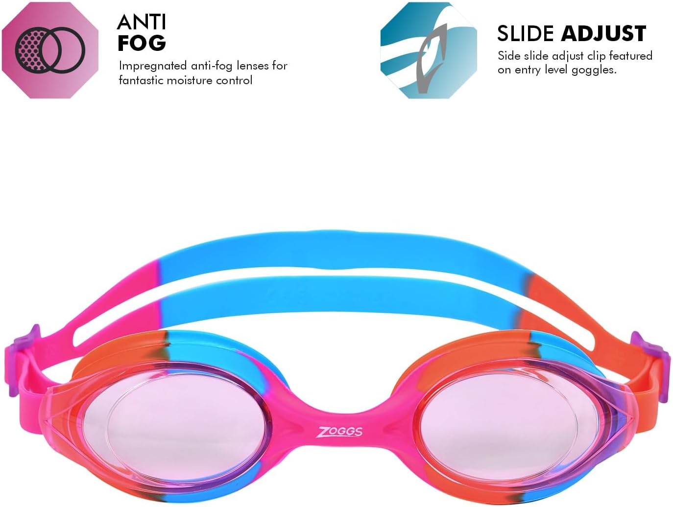 Zoggs Óculos de natação Bondi Kids, óculos de natação com proteção UV, alças de óculos infantis com ajuste de deslizamento dividido, lentes de óculos de natação transparentes sem neblina, óculos de natação para crianças de 6 a 14 anos