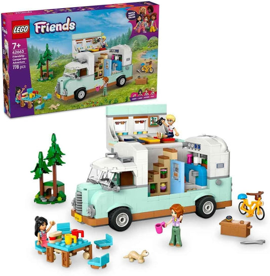 LEGO Conjunto de aventura Friends Friendship Camper Van, brinquedo de construção de veículo com minibonecas de 3 personagens e figura de furão para dramatização divertida, presente de aniversário para meninas de 7 anos ou mais