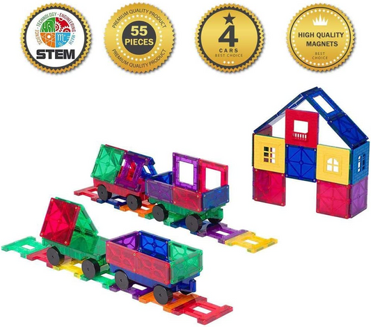 Playmags Conjunto de ladrilhos de construção magnéticos de 50 peças para crianças com 4 carros - Blocos de construção magnéticos 3D mais fortes - Conjunto de construção e ladrilhos magnéticos para crianças - Brinquedos magnéticos