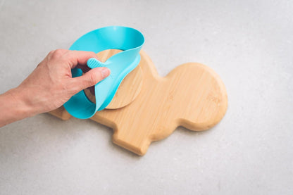 Juego de cuchara y plato de succión de bambú Moon and Moo Turtle para niños, niños pequeños y destete del bebé - No tóxico - Sin plástico - Permanece en su lugar - Plato de succión para bebé - Juego de destete para bebé (gris)