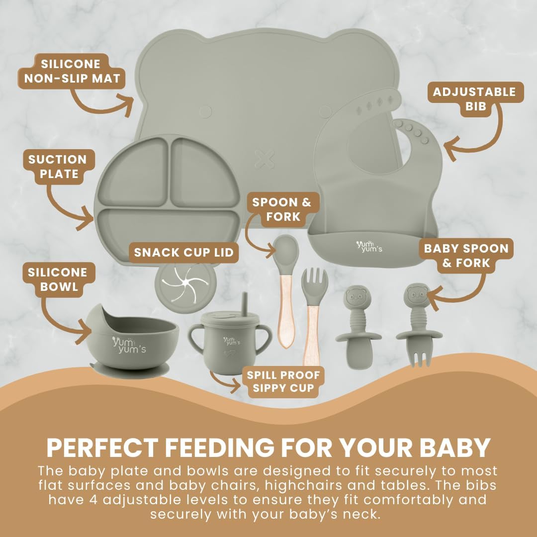 Yum Yum's Conjunto de Introdução Alimentar Baby com 10 Peças Cinza - Kit Completo para Alimentação Infantil com Prato Dividido, Tigelas com Ventosa, Talheres com Protetor Bucal, Copo com Canudo,