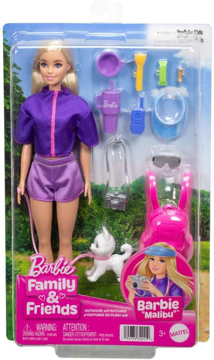 Barbie “Malibu” Aventuras ao Ar Livre, Boneca Fashion com Roupa de Aventura e Mais de 10 Acessórios com Tema de Acampamento, Incluindo um Cachorrinho de Estimação, JJV59