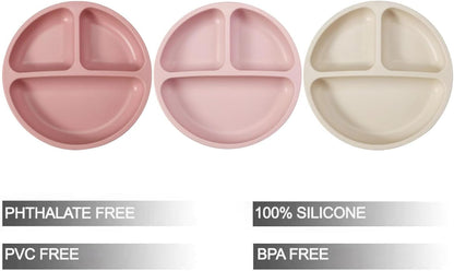 PandaEar Conjunto de 3 pratos de silicone para bebês , com ventosa, divididos, para introdução alimentar e refeições, livres de BPA (rosa, linho, rosa claro)