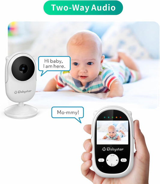Babystar Vigilabebés con cámara y visión nocturna, Vigilabebés con vídeo inalámbrico con batería recargable, conversación bidireccional, pantalla HD de 2,4 pulgadas, recordatorio de alimentación, 4 canciones de cuna