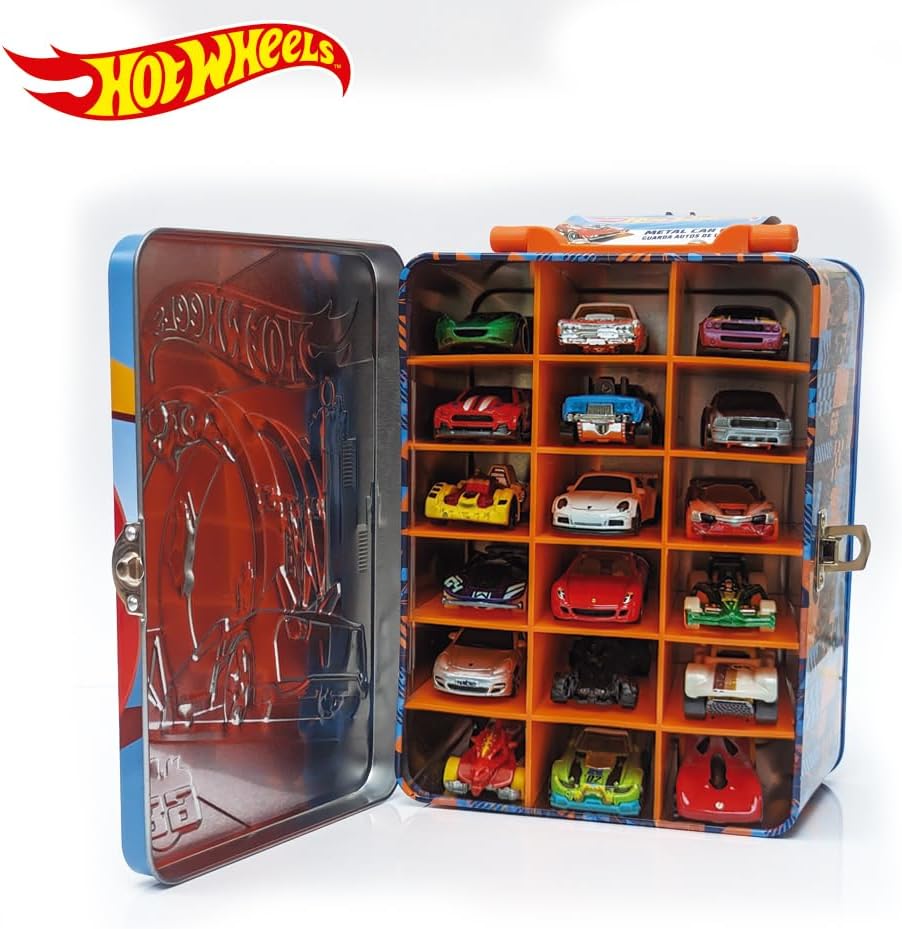 Hot Wheels Estojo de metal para carrinhos em escala 1:64 | Organizador e porta-brinquedos para 18 brinquedos | Presente ideal para colecionadores e crianças a partir de 3 anos | Tampa com design 3D de corrida Hot Wheels (Carrinhos não inclusos)