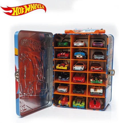 Hot Wheels Estojo de metal para carrinhos em escala 1:64 | Organizador e porta-brinquedos para 18 brinquedos | Presente ideal para colecionadores e crianças a partir de 3 anos | Tampa com design 3D de corrida Hot Wheels (Carrinhos não inclusos)