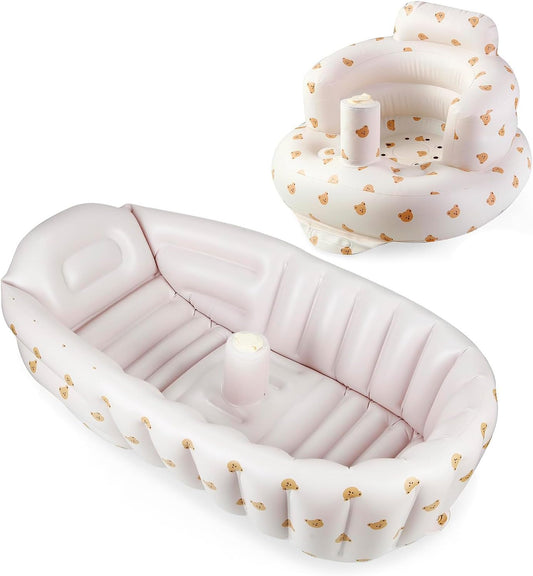 PandaEar Conjunto com Banheira e Cadeira Infláveis para Bebês a partir de 3 Meses, Portátil e Portátil para Viagens, com Bomba de Ar Integrada para Recém-Nascidos