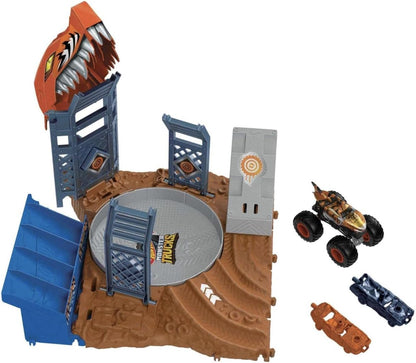 Hot Wheels Monster Trucks Arena Smashers Tiger Shark Spin-Out Challenge com um Tiger Shark em escala 1:64 e 2 carrinhos destrutíveis, HNB93