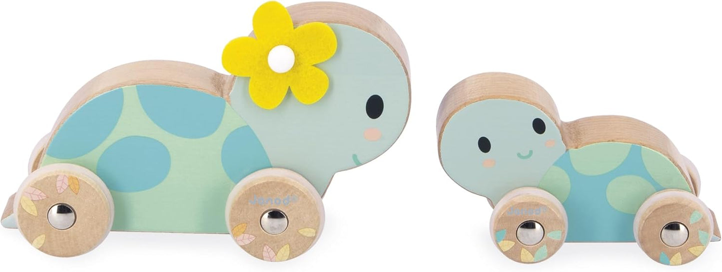 Janod - Conjunto de 2 Tartarugas de Madeira - Brinquedo que rola - Rodas Silenciosas - Brinquedo Educativo - Desenvolve a coordenação motora fina e a imaginação - A partir de 1 ano - J05148
