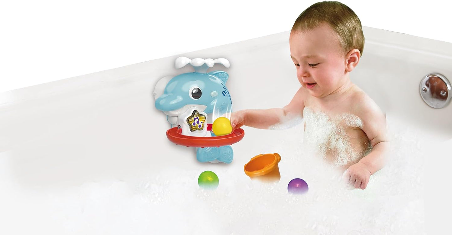 VTech  Scoop & Score Dolphin, brinquedo de banho interativo para crianças de 1 ano, brinquedo de banho com aro e bolas, luzes e música, presente na hora do banho para bebês e crianças pequenas de 1, 2, 3 anos ou mais, versão em inglês