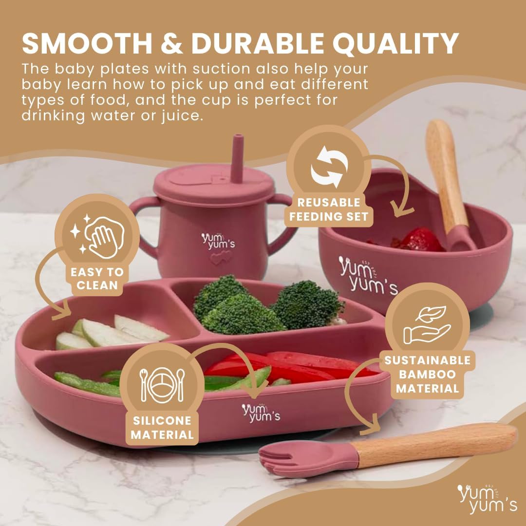 Yum Yum's Conjunto de Introdução Alimentar Baby Rosa com 10 Peças - Kit Completo para Alimentação Infantil com Prato Dividido, Tigelas com Ventosas, Talheres com Protetor Bucal, Copo com Canudo,