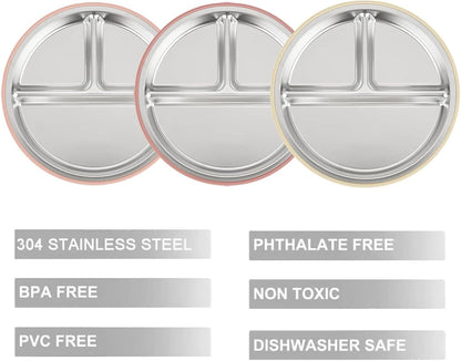 PandaEar Conjunto de 3 pratos infantis em aço inoxidável para meninas, com divisórias e ventosas, ideais para introdução alimentar BLW (Baby Led Weaning). Antiderrapantes e próprios para lava-louças.