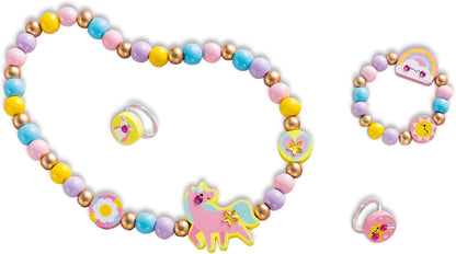 Janod - 4 joias de madeira Rainbow Land para criar - Primeiras oficinas de joias - Fabricação de joias DIY - Kit de artesanato infantil - Habilidades motoras finas e aprendizagem de concentração - a partir de 4 anos