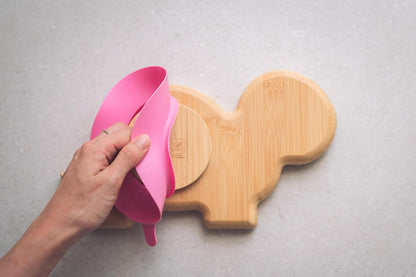 Juego de cuchara y plato de succión de bambú Moon and Moo Turtle para niños, niños pequeños y destete del bebé - No tóxico - Sin plástico - Permanece en su lugar - Plato de succión para bebé - Juego de destete para bebé (gris)