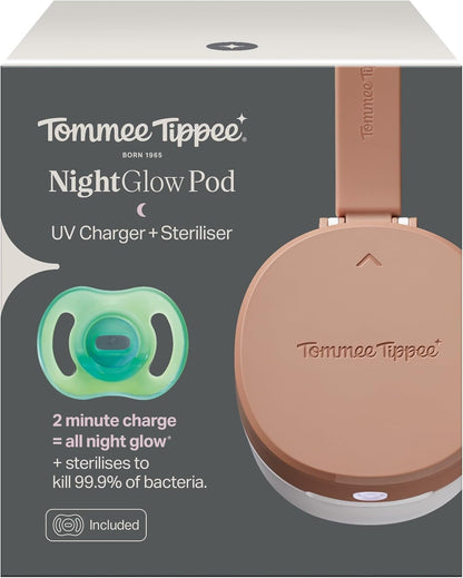 Tommee Tippee NightGlow Pod com chupeta NightGlow ultraleve para bebês de 0 a 6 meses, carrega chupetas que brilham no escuro em 2 minutos, esterilizador de chupetas UVC portátil, alça ajustável, funciona com pilha AA ou USB.